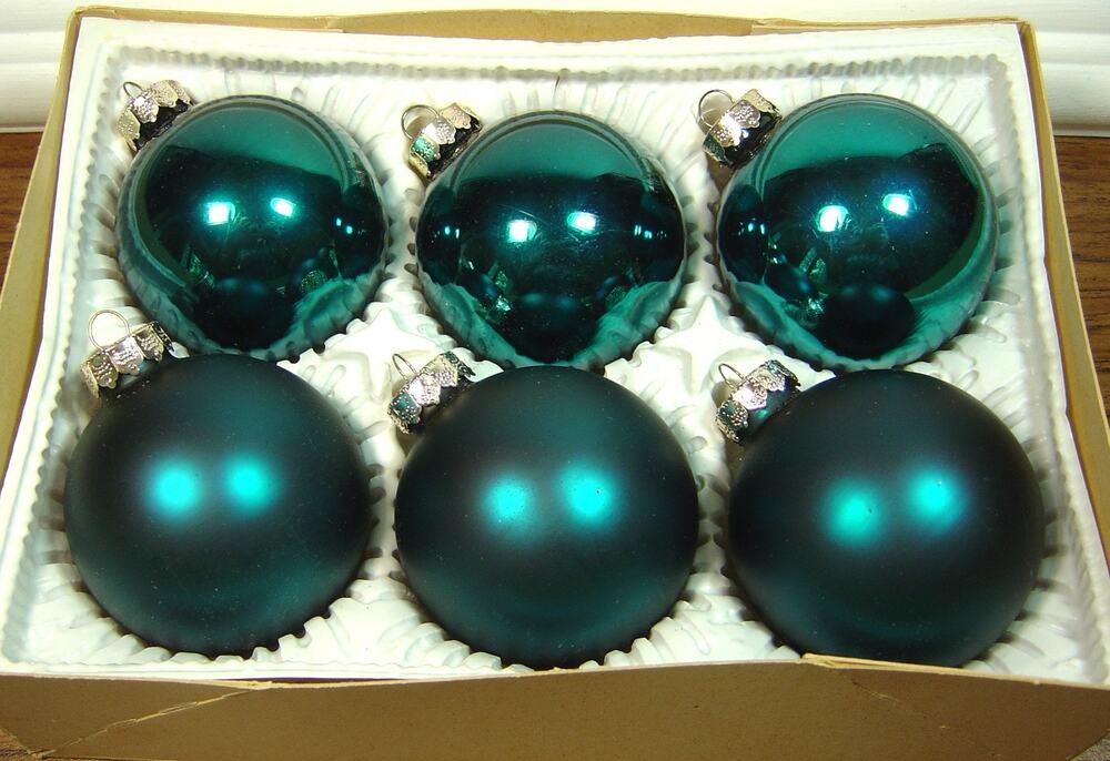 6 RAUCH PEACOCK COLORED GLASS BALL ORNAMENTS-3 SHINY & 3 MATTE--3" HIGH